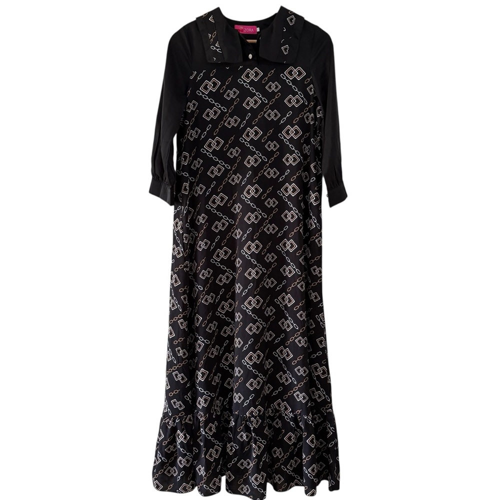 Modest Dress Zora Black Maxi Roman Baroque Scarf Print Chain Size 16